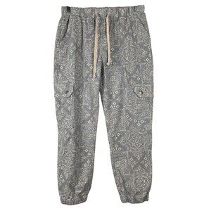 Light Bluish Gray Paisley Cargo Jogger Pants With Elastic Waist & Drawstring